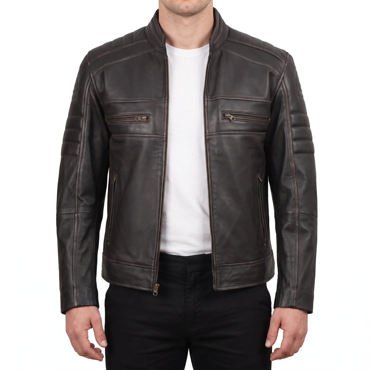 Hayes Men’s Rub-Off Brown Cafe Racer Style Leather Biker Jacket