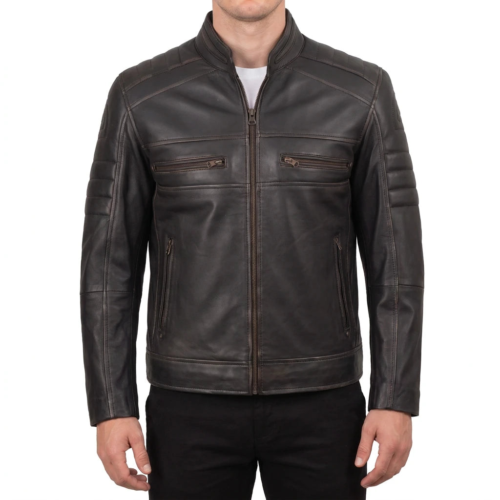 Hayes Men’s Rub-Off Brown Cafe Racer Style Leather Biker Jacket