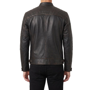 Heritage Viper Men’s Distressed Dark Brown Quilted Cafe Racer Style Leather Biker Jacket