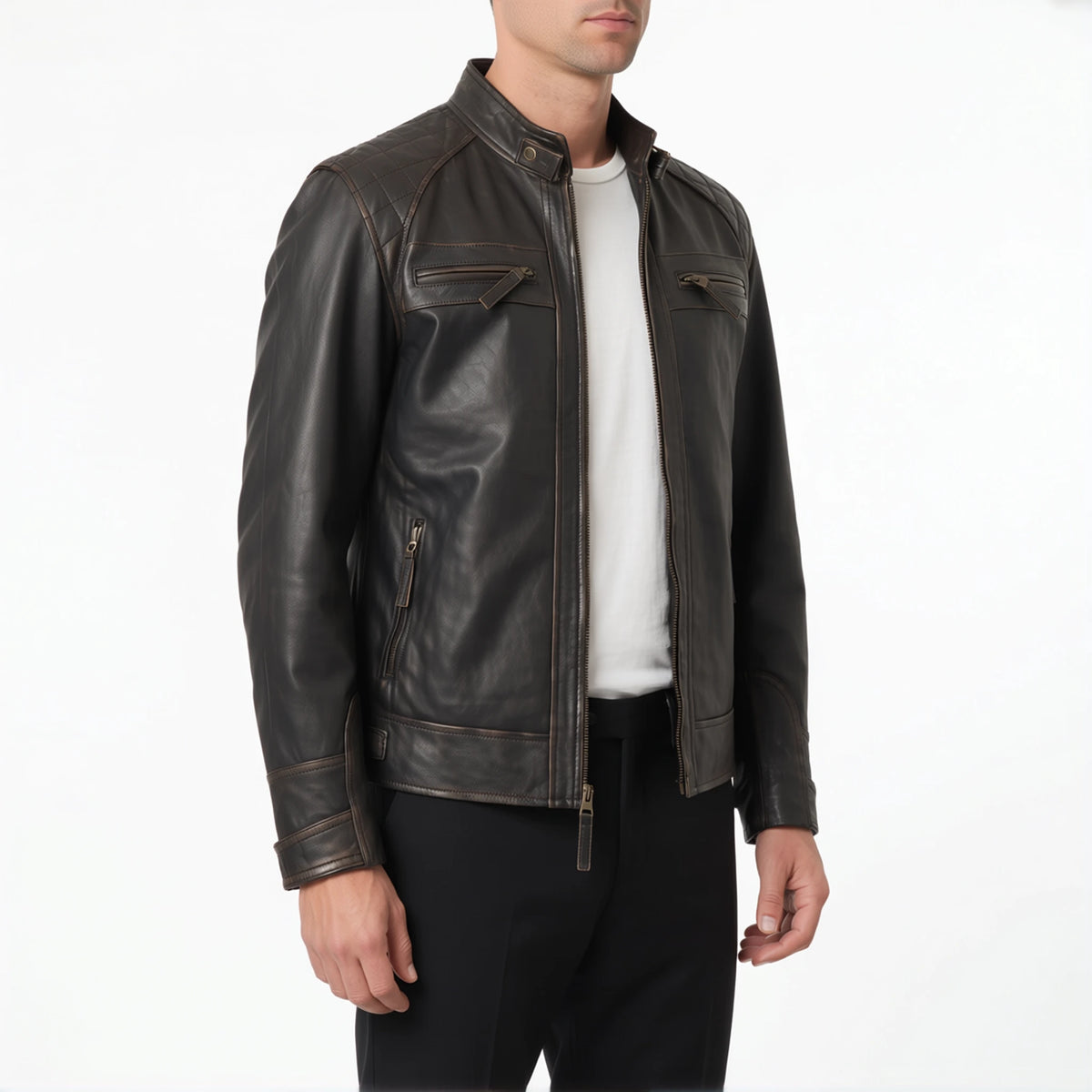 Heritage Viper Men’s Distressed Dark Brown Quilted Cafe Racer Style Leather Biker Jacket