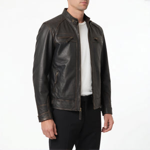Heritage Viper Men’s Distressed Dark Brown Quilted Cafe Racer Style Leather Biker Jacket