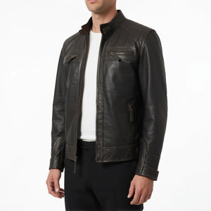 Heritage Viper Men’s Distressed Dark Brown Quilted Cafe Racer Style Leather Biker Jacket
