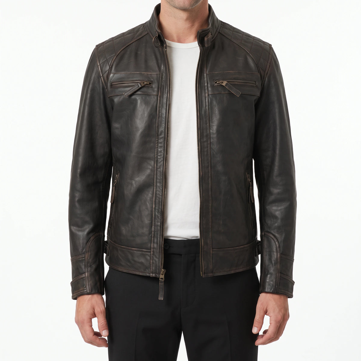Heritage Viper Men’s Distressed Dark Brown Quilted Cafe Racer Style Leather Biker Jacket