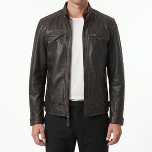 Heritage Viper Men’s Distressed Dark Brown Quilted Cafe Racer Style Leather Biker Jacket