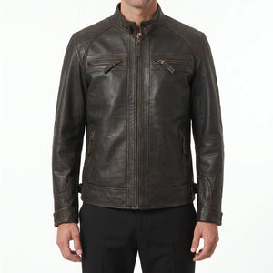 Heritage Viper Men’s Distressed Dark Brown Quilted Cafe Racer Style Leather Biker Jacket