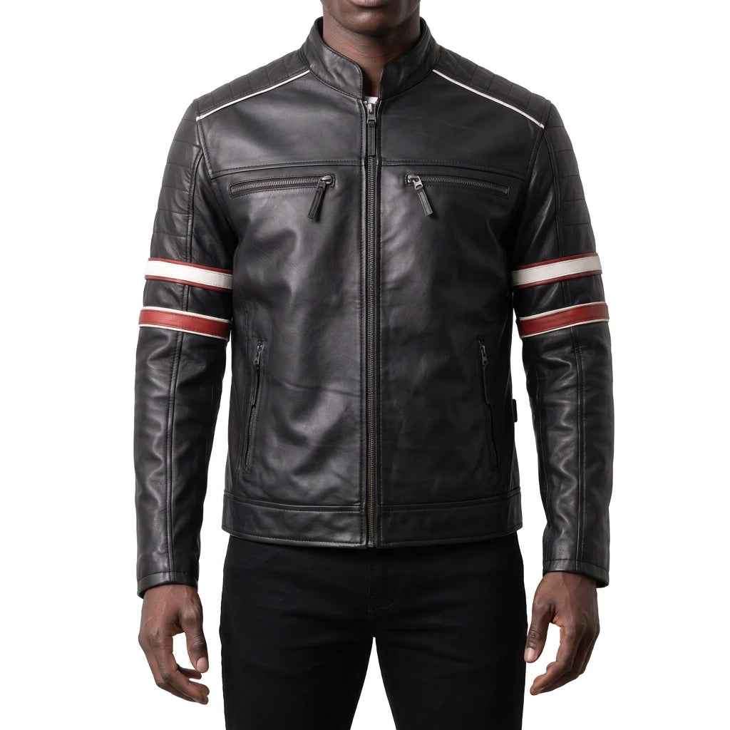 Hudson Men’s Black Striped Cafe Racer Style Leather Biker Jacket