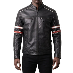 Hudson Men’s Black Striped Cafe Racer Style Leather Biker Jacket