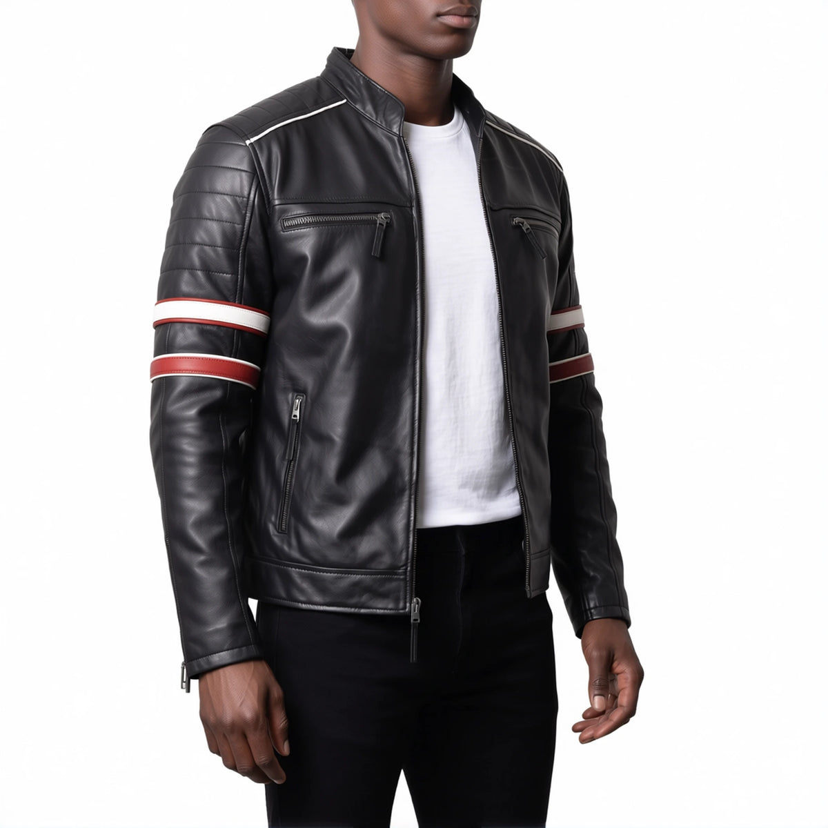 Hudson Men’s Black Striped Cafe Racer Style Leather Biker Jacket