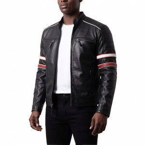 Hudson Men’s Black Striped Cafe Racer Style Leather Biker Jacket
