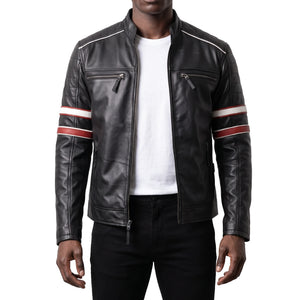 Hudson Men’s Black Striped Cafe Racer Style Leather Biker Jacket