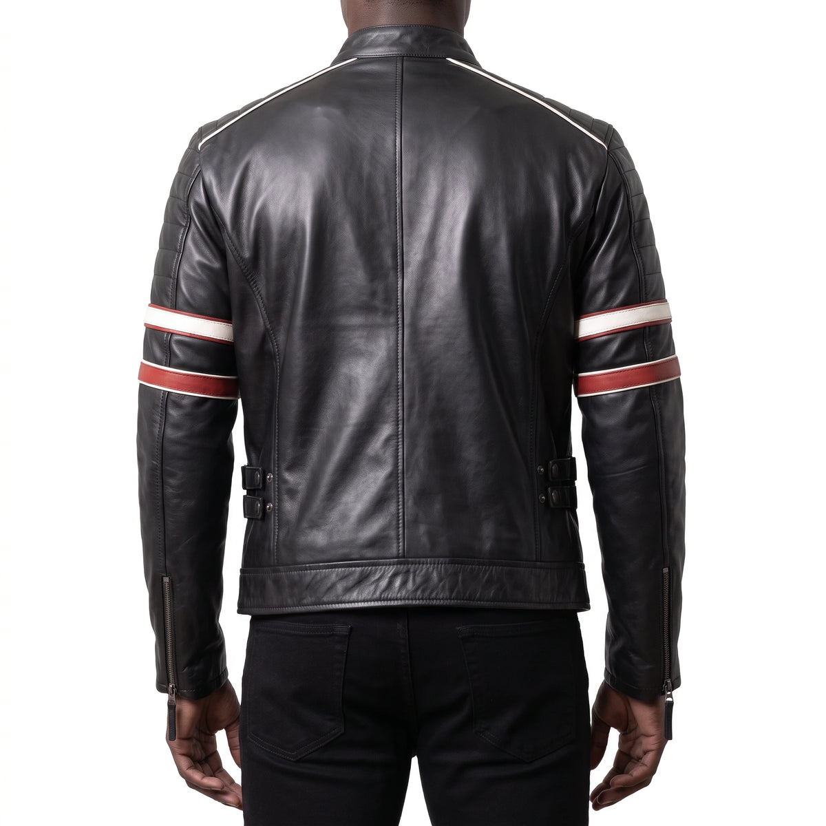 Hudson Men’s Black Striped Cafe Racer Style Leather Biker Jacket