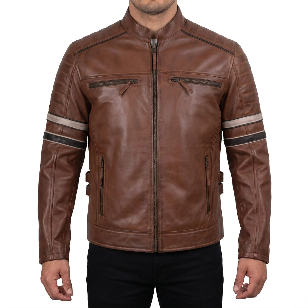 Hudson Men’s Brown Striped Cafe Racer Style Leather Biker Jacket