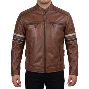 Hudson Men’s Brown Striped Cafe Racer Style Leather Biker Jacket