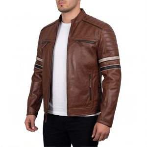 Hudson Men’s Brown Striped Cafe Racer Style Leather Biker Jacket