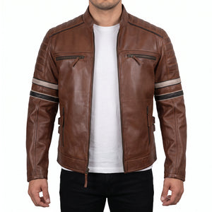 Hudson Men’s Brown Striped Cafe Racer Style Leather Biker Jacket