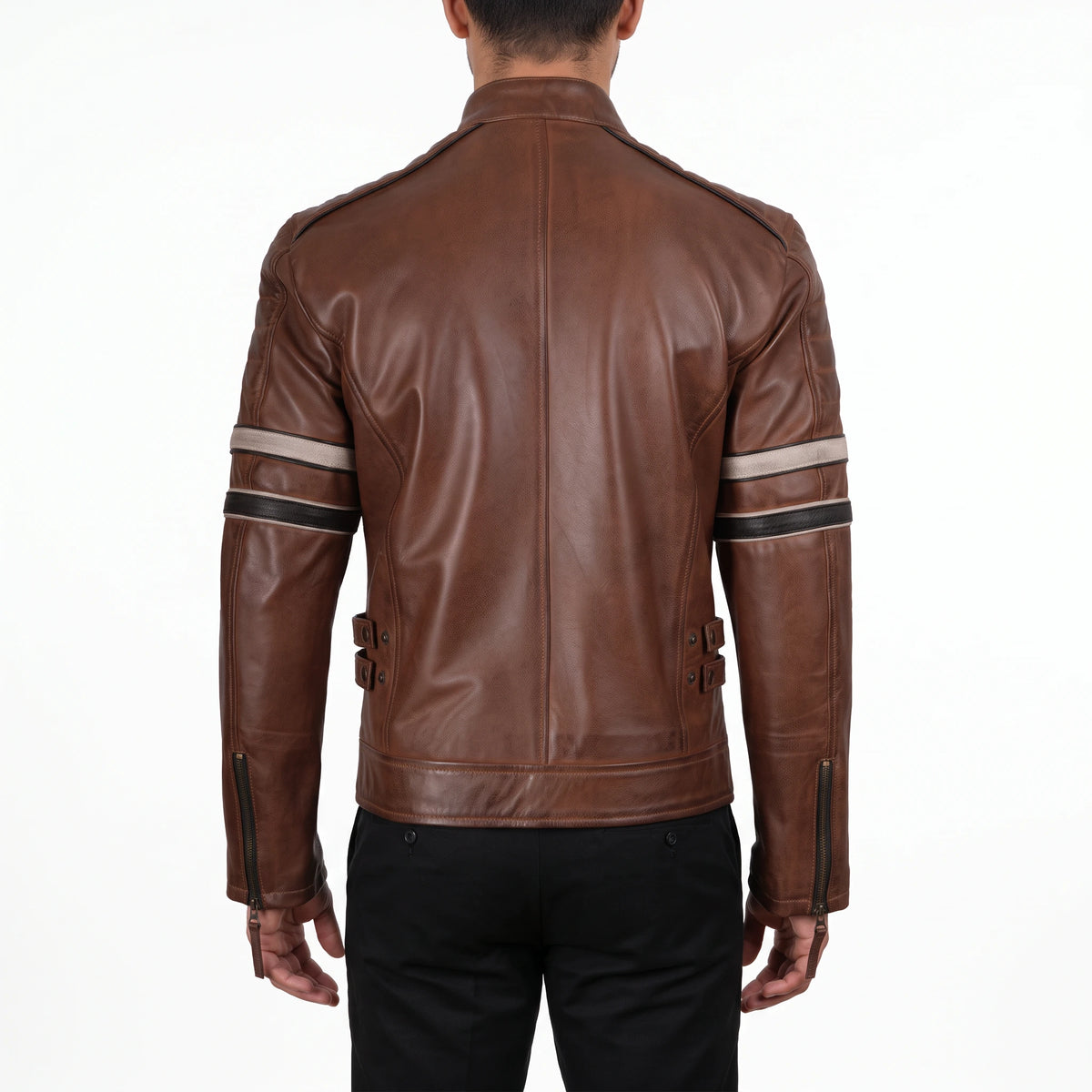 Hudson Men’s Brown Striped Cafe Racer Style Leather Biker Jacket