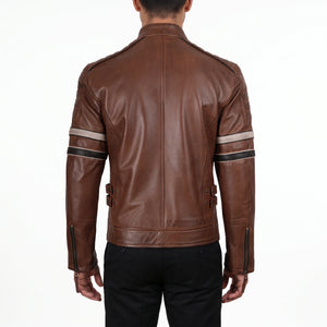 Hudson Men’s Brown Striped Cafe Racer Style Leather Biker Jacket