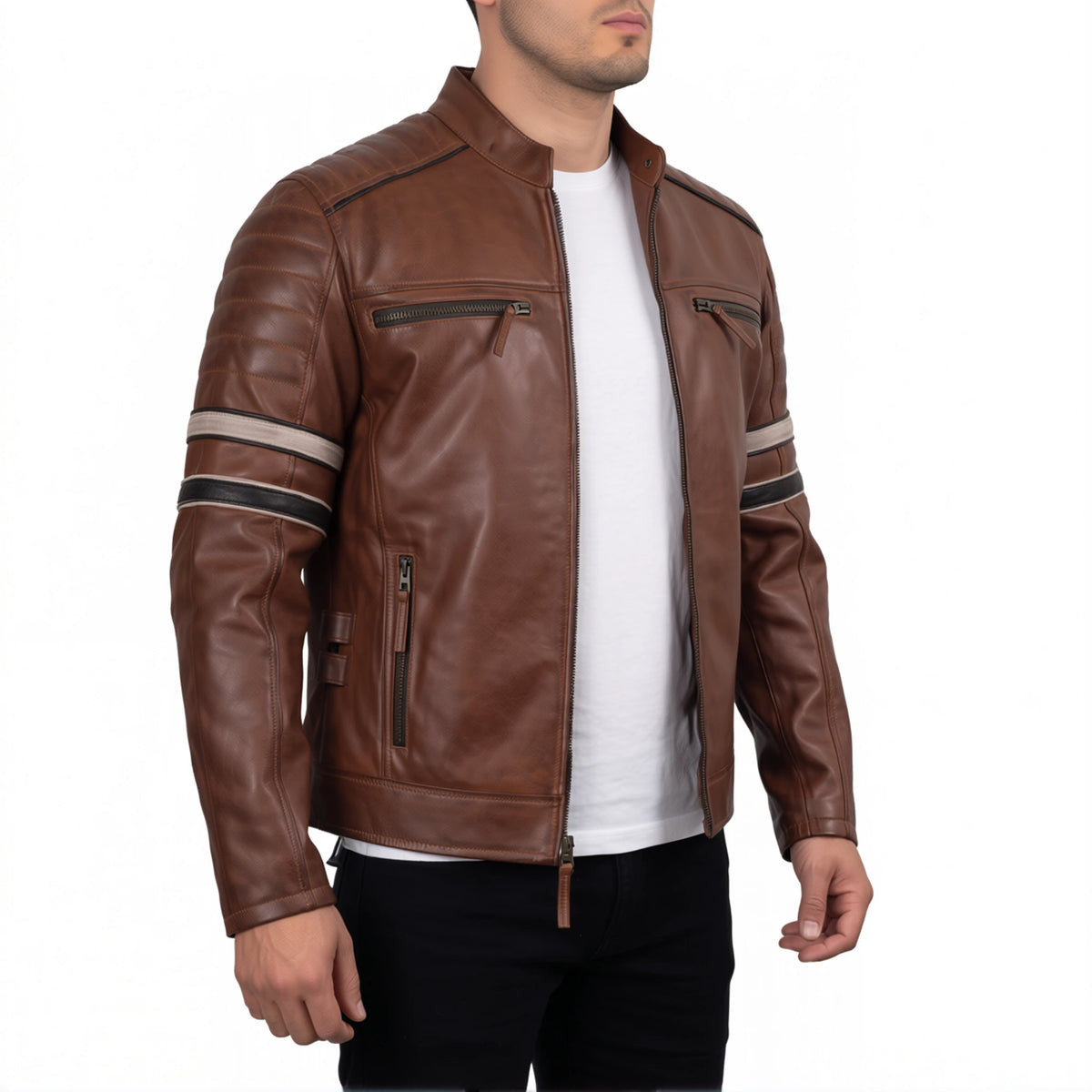 Hudson Men’s Brown Striped Cafe Racer Style Leather Biker Jacket