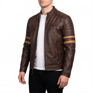 Hudson Men’s Dark Brown Striped Cafe Racer Style Leather Biker Jacket