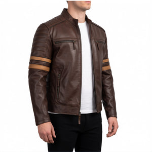 Hudson Men’s Dark Brown Striped Cafe Racer Style Leather Biker Jacket