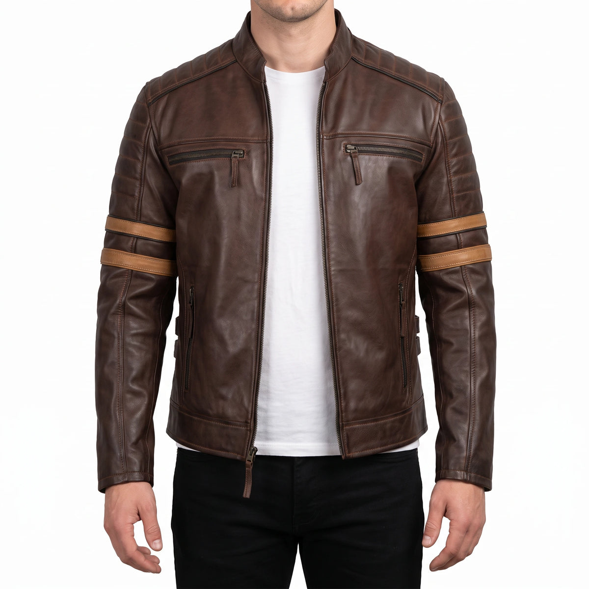 Hudson Men’s Dark Brown Striped Cafe Racer Style Leather Biker Jacket