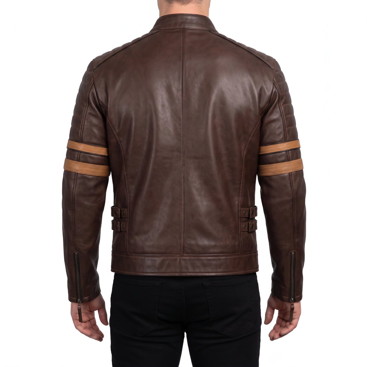 Hudson Men’s Dark Brown Striped Cafe Racer Style Leather Biker Jacket