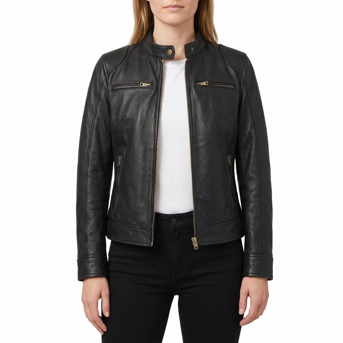 Juliette Women’s Black Cafe Racer Style Biker Leather Jacket with Gold Zippers