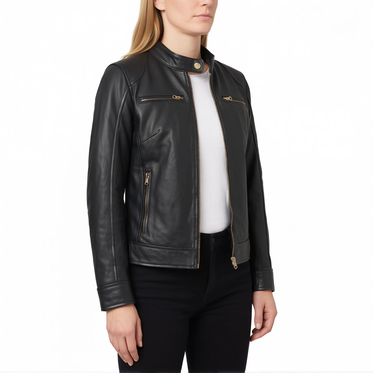 Juliette Women’s Black Cafe Racer Style Biker Leather Jacket with Gold Zippers