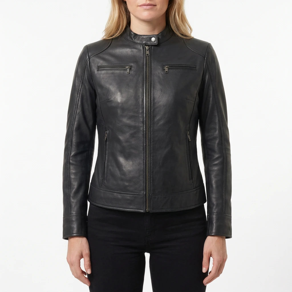 Juliette Women’s Black Cafe Racer Style Biker Leather Jacket