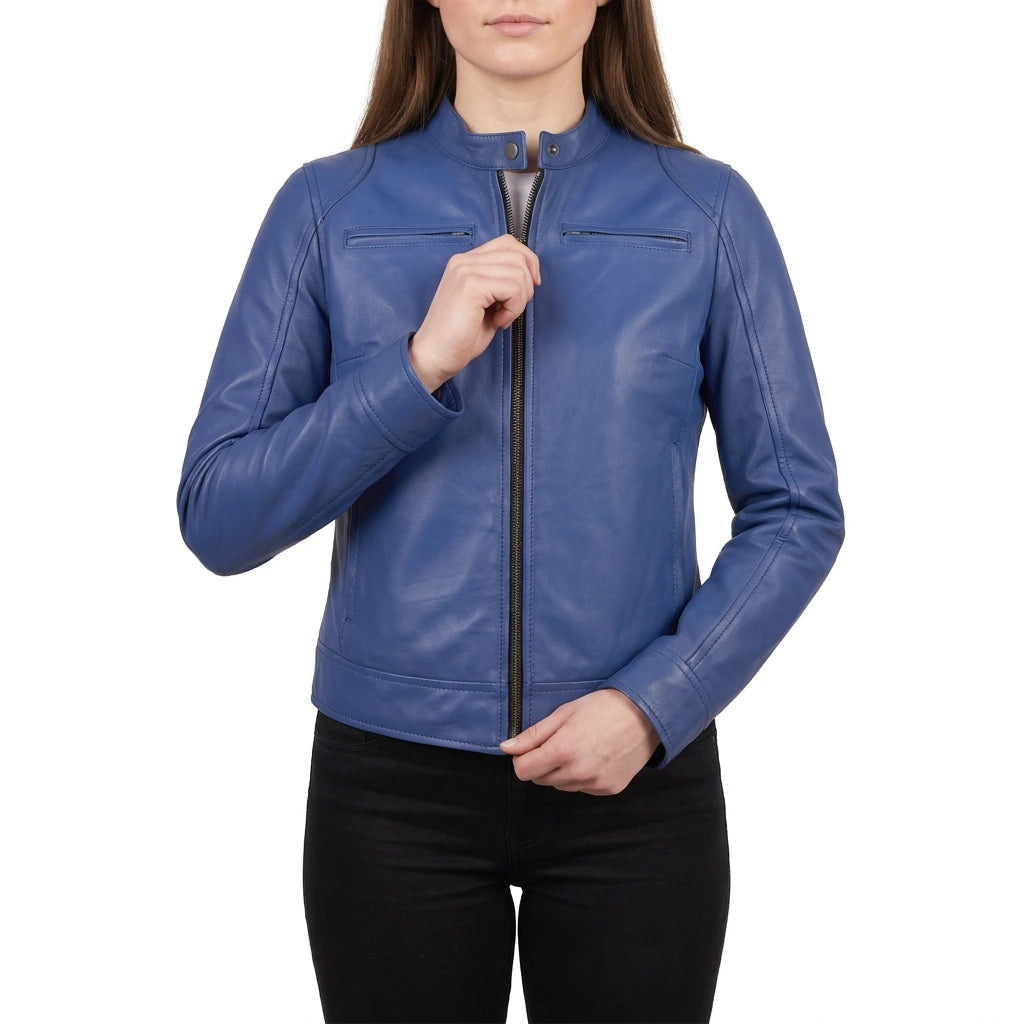 Juliette Women’s Blue Cafe Racer Style Biker Leather Jacket