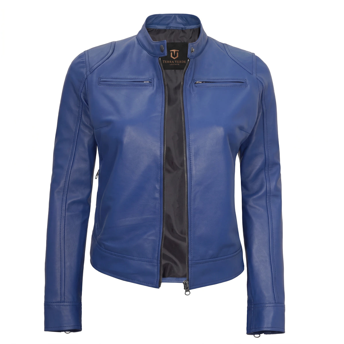Juliette Women’s Blue Cafe Racer Style Biker Leather Jacket