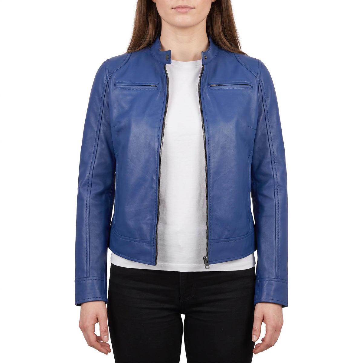 Juliette Women’s Blue Cafe Racer Style Biker Leather Jacket
