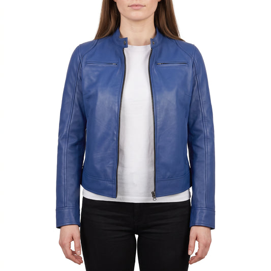 Juliette Women’s Blue Cafe Racer Style Biker Leather Jacket