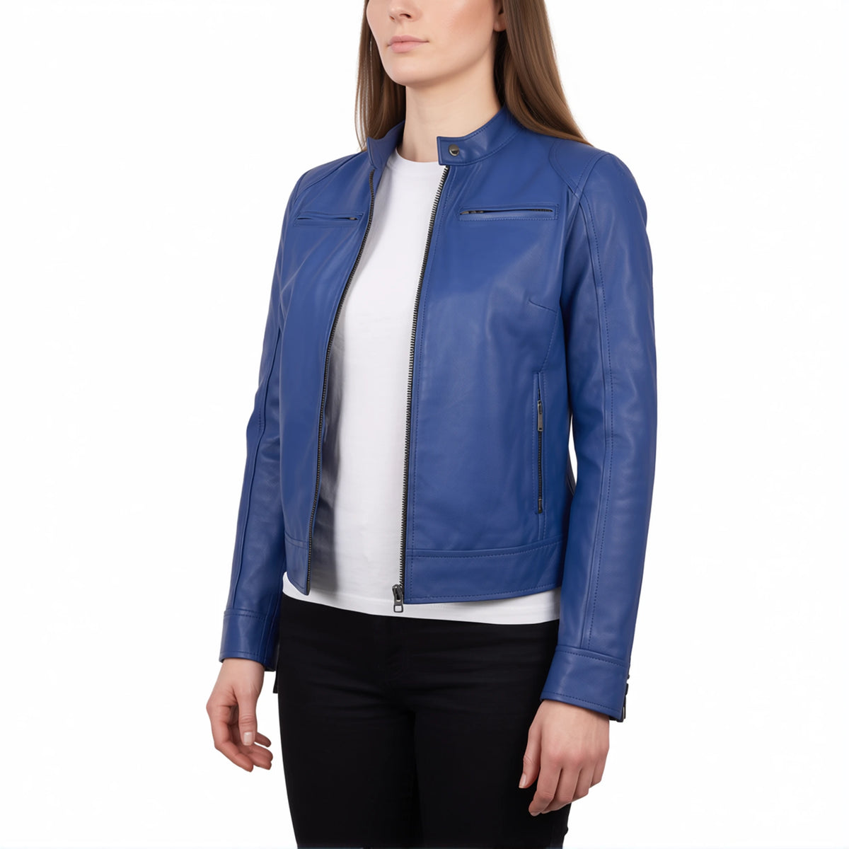 Juliette Women’s Blue Cafe Racer Style Biker Leather Jacket