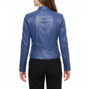 Juliette Women’s Blue Cafe Racer Style Biker Leather Jacket
