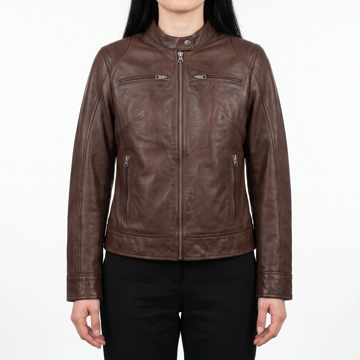 Juliette Women’s Cognac Brown Cafe Racer Style Biker Leather Jacket