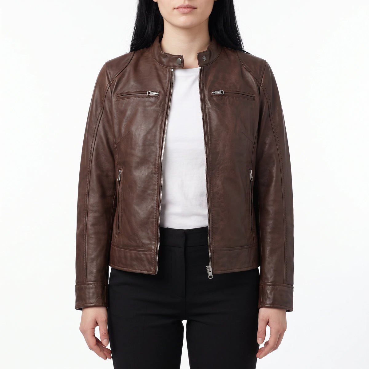 Juliette Women’s Cognac Brown Cafe Racer Style Biker Leather Jacket
