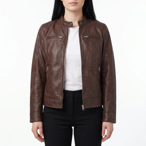 Juliette Women’s Cognac Brown Cafe Racer Style Biker Leather Jacket