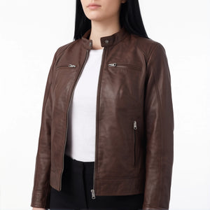 Juliette Women’s Cognac Brown Cafe Racer Style Biker Leather Jacket