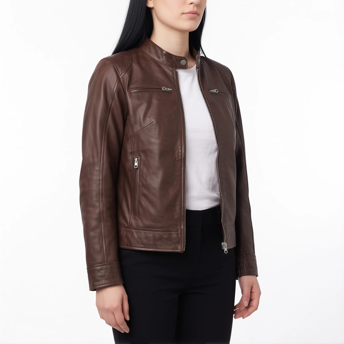 Juliette Women’s Cognac Brown Cafe Racer Style Biker Leather Jacket