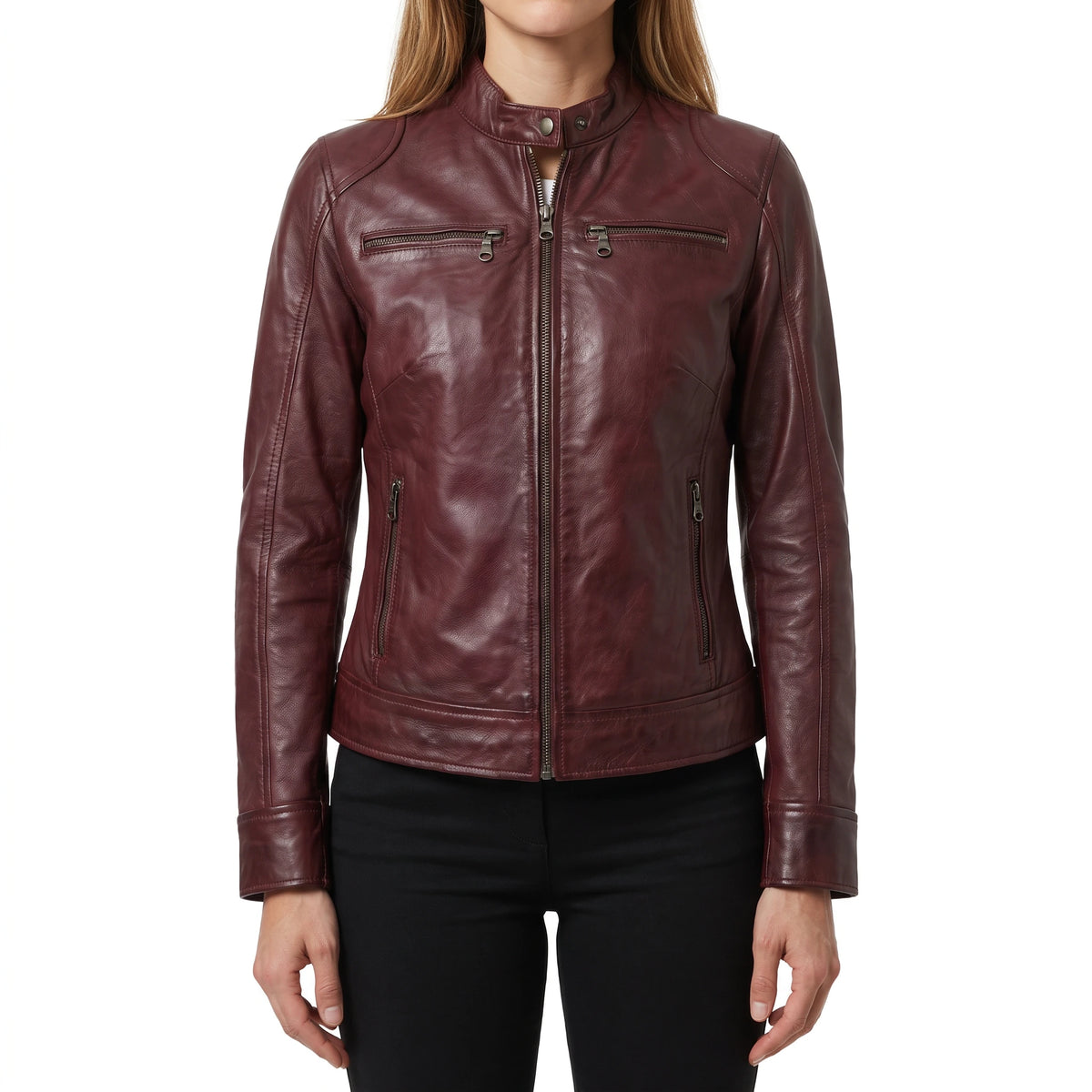 Juliette Women’s Maroon Cafe Racer Style Biker Leather Jacket