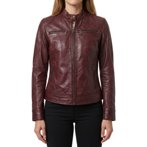 Juliette Women’s Maroon Cafe Racer Style Biker Leather Jacket