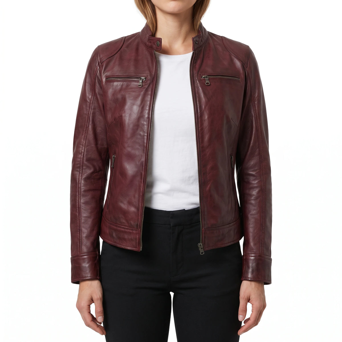 Juliette Women’s Maroon Cafe Racer Style Biker Leather Jacket