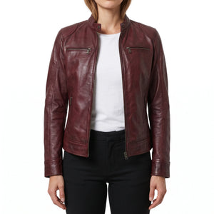 Juliette Women’s Maroon Cafe Racer Style Biker Leather Jacket