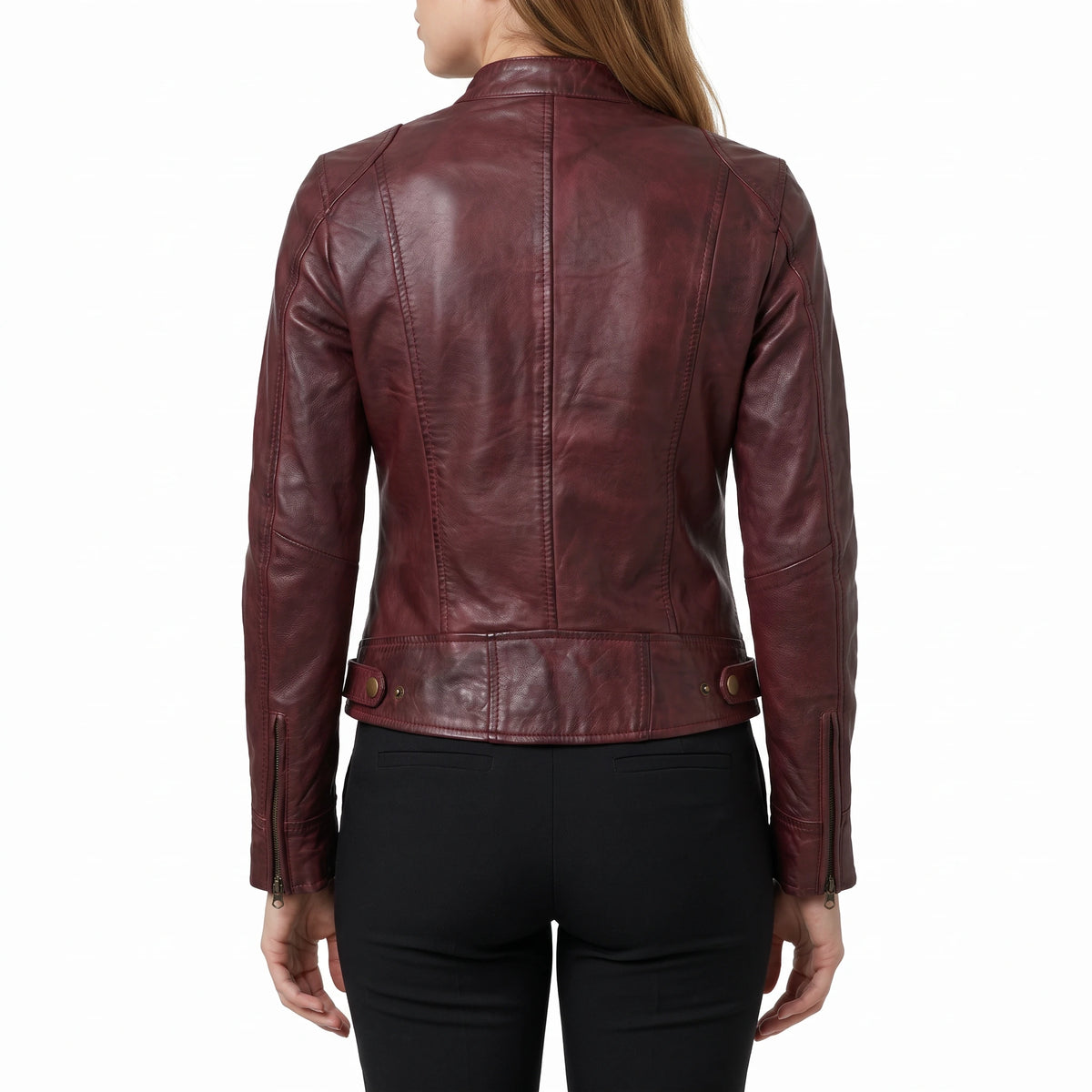 Juliette Women’s Maroon Cafe Racer Style Biker Leather Jacket