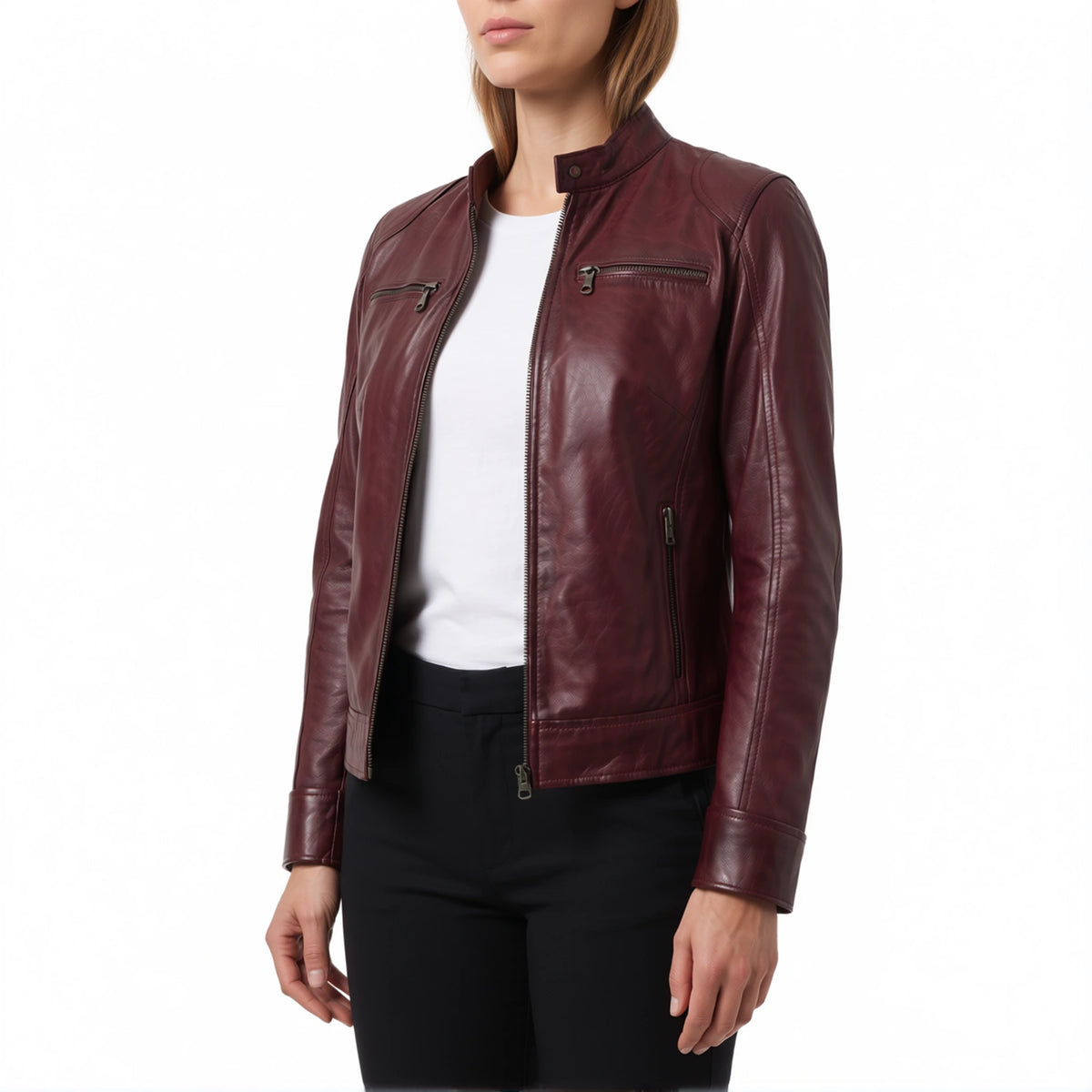 Juliette Women’s Maroon Cafe Racer Style Biker Leather Jacket