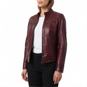 Juliette Women’s Maroon Cafe Racer Style Biker Leather Jacket