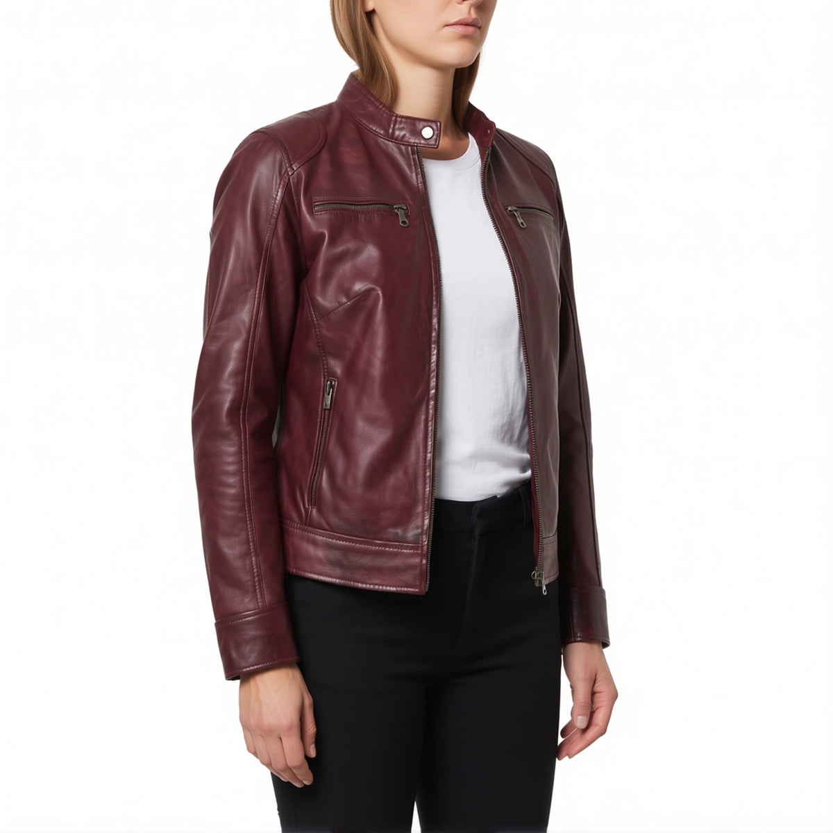 Juliette Women’s Maroon Cafe Racer Style Biker Leather Jacket
