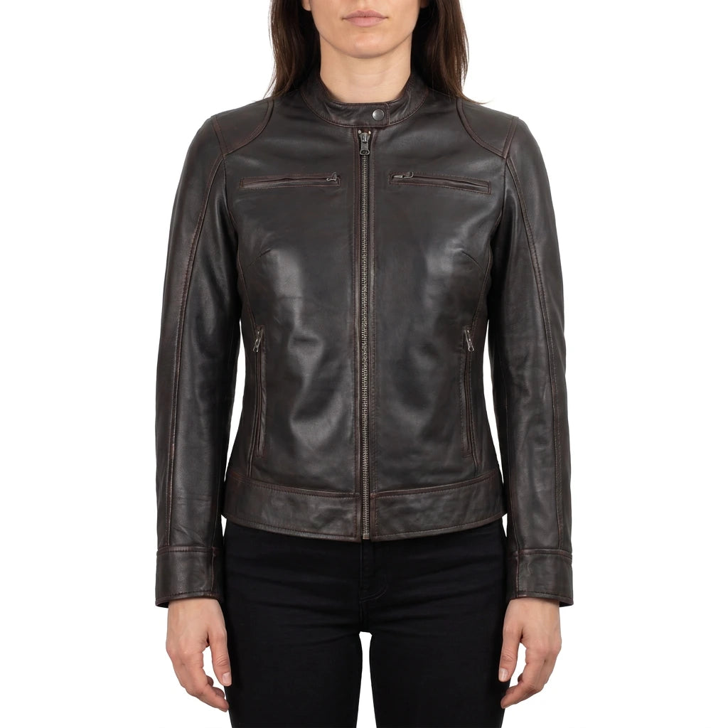 Juliette Women’s Rub Off Brown Cafe Racer Style Biker Leather Jacket