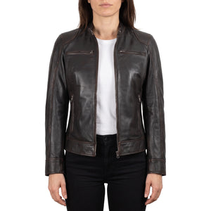 Juliette Women’s Rub Off Brown Cafe Racer Style Biker Leather Jacket